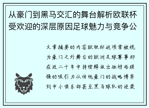 从豪门到黑马交汇的舞台解析欧联杯受欢迎的深层原因足球魅力与竞争公平性